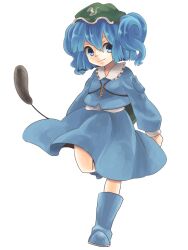  backpack bad_id bad_pixiv_id bag blue_eyes blue_hair boots cattail female hair_bobbles hair_ornament hat highres kawashiro_nitori key konbu_ame plant short_hair skirt smile solo touhou two_side_up 