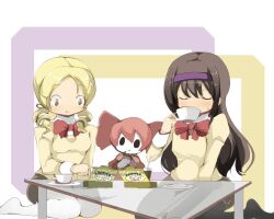  2girls :t akemi_homura black_hair blonde_hair charlotte_(madoka_magica) closed_eyes commentary_request cup drill_hair hair_ornament hairband kneeling long_hair mahou_shoujo_madoka_magica mahou_shoujo_madoka_magica_(anime) mitakihara_school_uniform multiple_girls name_john pantyhose school_uniform sweat teacup tomoe_mami yellow_eyes 