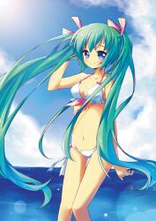  arm_behind_head bad_id bad_pixiv_id bikini blue_eyes cloud day female green_eyes hair_ribbon halterneck hatsune_miku long_hair navel no_nose pf photoshop_(medium) ribbon side-tie_bikini_bottom smile solo string_bikini swimsuit twintails very_long_hair vocaloid white_bikini 