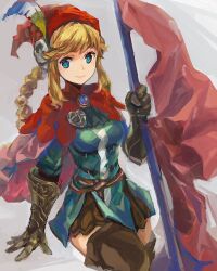  armor armored_dress blonde_hair blue_eyes braid breasts closed_mouth commentary_request conjaku female flag gauntlets grand_knights_history hat hat_feather holding holding_flag lisha_stalake looking_at_viewer red_hat sidelocks skirt small_breasts smile solo thighhighs 