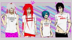  4boys black_butler black_hair blue_eyes blue_hair boxers briefs ciel_phantomhive crown eye_patch eyepatch glasses green_eyes grell_sutcliff hair_over_eyes halo horns kuroshitsuji long_hair long_nails looking_at_viewer male male_focus multiple_boys red_eyes red_hair scar sebastian_michaelis sexy_bitch silver_hair skull smile tongue trap undertaker undertaker_(kuroshitsuji) underwear wings 