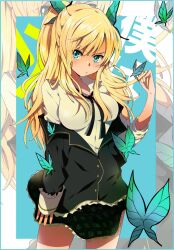  akishima_kei bad_id bad_pixiv_id blonde_hair blue_eyes boku_wa_tomodachi_ga_sukunai breasts bug butterfly butterfly_hair_ornament female frown hair_ornament kashiwazaki_sena large_breasts long_hair off_shoulder school_uniform solo st._chronica_academy_school_uniform zoom_layer 