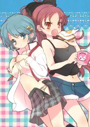  2girls bad_id bad_pixiv_id blue_eyes blue_hair bread bread_slice dressing egg egg_(food) food fried_egg fried_egg_on_toast honami_yuu long_hair mahou_shoujo_madoka_magica mahou_shoujo_madoka_magica_(anime) miki_sayaka mitakihara_school_uniform multiple_girls navel panties red_eyes red_hair sakura_kyoko school_uniform short_shorts shorts skirt toast underwear 