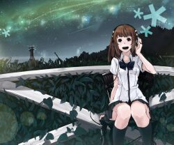  album_cover bow brown_eyes brown_hair chair commentary_request cover female headphones long_hair mille_(dieci) night open_mouth original photoshop_(medium) school_uniform sitting skirt sky socks solo vocaloid 