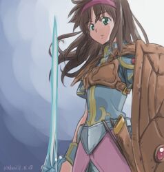  2011 alisa_landeel armor armored_dress blue_background brown_hair commentary_request dated fantasy female green_eyes headband isedaichi_ken long_hair phantasy_star phantasy_star_i science_fiction shield solo sword weapon 