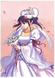  angel_wings atelier_(series) atelier_iris atelier_iris_grand_phantasm black_hair blush bouquet bow bridal_gauntlets dress earrings female flower hat iris_fortner jewelry necklace official_art ouse_kohime petals pink_background profile purple_eyes ribbon short_hair smile solo twintails wedding wedding_dress white_dress wings 