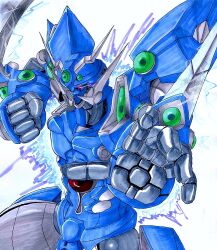  arm_blade aura commentary_request electricity kag22 mecha no_humans red_eyes robot simple_background solo soulgain stance super_robot_wars super_robot_wars_og_the_inspector super_robot_wars_original_generation super_robot_wars_original_generation_2 traditional_media weapon 