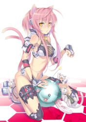  :3 anger_vein animal_ears ayaki bare_shoulders blush_stickers breasts bridal_gauntlets can cat_ears cat_tail commentary_request feet feline female fishnets halterneck highres holster jitome kneeling kunai long_hair medium_breasts midriff multiple_tails original paw_pose pink_hair pouch sandals short_eyebrows sidelocks solo tail thigh_holster toes weapon yellow_eyes 