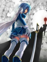  blue_eyes blue_hair cape commentary_request elsa_maria_(madoka_magica) female from_below gloves highres magical_girl mahou_shoujo_madoka_magica mahou_shoujo_madoka_magica_(anime) miki_sayaka miki_sayaka_(magical_girl) panties pantyshot short_hair solo_focus sword thighhighs underwear weapon witch&#039;s_labyrinth xiamianliele 