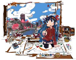  black_eyes blue_hair book coffee commentary_request drawing female hat highres kinuten kneeling long_hair oekaki_musume original paint paint_tube palette_(object) scenery skirt solo thighhighs 