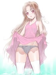  bad_id bad_pixiv_id bare_shoulders black_panties blush body_blush bow bow_panties brown_hair clothes_lift code_geass dress dress_lift female groin hair_ribbon long_hair nunnally_vi_britannia panties pink_skirt purple_eyes ribbon ripples skirt solo thighhighs underwear unusually_open_eyes very_long_hair wading water wet wet_clothes white_thighhighs zucchini 