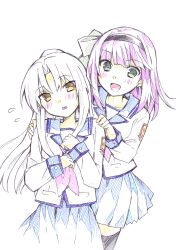  2girls alternate_costume angel_beats! bad_id bad_pixiv_id green_eyes hairband highres long_hair multiple_girls nakamura_yuri natsu_natsuna ponytail purple_hair school_uniform serafuku shinda_sekai_sensen_uniform tachibana_kanade thighhighs white_hair yellow_eyes 