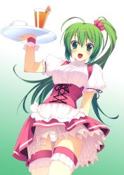  :d ahoge arm_behind_back blush breasts cup f-ism female gradient_background green_eyes green_hair highres juice long_hair maid medium_breasts murakami_suigun open_mouth orange_juice original panties pantyshot plate ponytail skirt smile solo thighhighs underwear white_panties white_thighhighs wrist_cuffs 