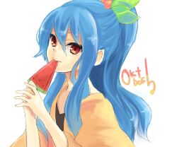  alternate_hairstyle bad_id bad_pixiv_id eating female food fruit hinanawi_tenshi holding holding_food holding_fruit holding_watermelon konbu_ame no_headwear ponytail popsicle solo touhou watermelon watermelon_bar 