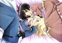  2girls :d absurdres alice_blanche black_eyes black_hair blonde_hair blue_eyes dress highres ikoku_meiro_no_croisee imageboard_desourced inoue_hideki lying multiple_girls non-web_source nyantype oerba_yun_fang official_art on_side open_mouth scan smile yune_(ikoku_meiro_no_croisee) 