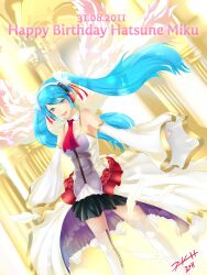  aqua_eyes aqua_hair commentary_request detached_sleeves feathers female hatsune_miku headphones highres long_hair open_mouth photoshop_(medium) skirt solo srkh thighhighs twintails very_long_hair vocaloid wings 