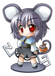  animal_ears bad_id bad_pixiv_id basket blush capelet chibi dowsing_rod dress faux_figurine female grey_dress grey_hair jewelry mouse_(animal) mouse_ears mouse_tail nazrin necklace pendant red_eyes shinjitsu short_hair smile solo standing tail touhou 