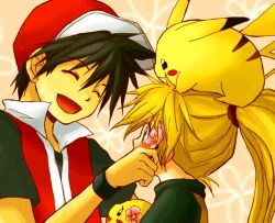  1boy ^_^ baseball_cap black_hair blonde_hair blush brown_eyes chuchu_(pokemon) closed_eyes commentary_request female floral_background flower hair_between_eyes hair_flower hair_ornament hat long_hair open_mouth orange_background pika_(pokemon) pikachu pokemon pokemon_(creature) pokemon_adventures ponytail raku_(rairaku345) red_(pokemon) short_hair smile yellow_(pokemon) 