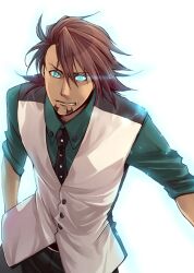  1boy aqua_eyes bad_id bad_pixiv_id blue_eyes brown_hair facial_hair glowing glowing_eyes kaburagi_t._kotetsu male_focus mori-003 necktie solo stubble tiger_&amp;_bunny vest waistcoat 