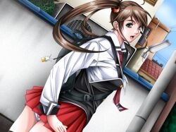  bible_black brown_hair female game_cg green_eyes imari_kurumi kurumi_imari legwear looking_back panties school_uniform sei_shoujo solo thighhighs underwear white_panties zettai_ryouiki 