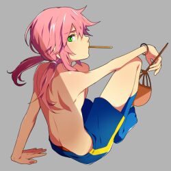  1boy akishima_kei bad_id bad_pixiv_id blue_shorts green_eyes hand_fan inazuma_eleven_(series) inazuma_eleven_go kirino_ranmaru long_hair looking_back male_focus paper_fan pink_hair shorts sitting socks solo topless_male uchiwa 