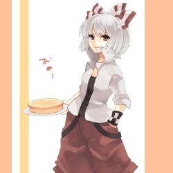  adapted_costume alternate_hairstyle bad_id bad_pixiv_id cake female food fujiwara_no_mokou hand_in_pocket konbu_ame short_hair sleeves_rolled_up solo touhou 