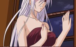  akashiya_moka long_hair nude red_eyes rosario+vampire towel vampire vector watermark white_hair 