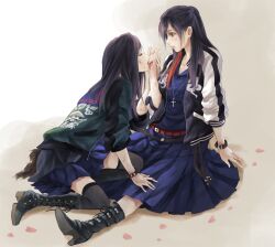  2girls akb48 bad_id bad_pixiv_id black_(majisuka_gakuen) black_hair black_legwear blood boots brown_eyes closed_eyes cross delinquent gekikara_(majisuka_gakuen) injury jacket kacyu kashiwagi_yuki licking long_hair majisuka_gakuen matsui_rena multiple_girls petals ponytail school_uniform sitting ske48 skirt sleeves_pushed_up surprised thighhighs tongue track_jacket wariza wristband yuri zettai_ryouiki 