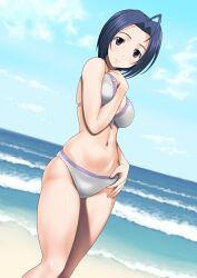  absurdres ahoge beach bikini blue_hair breasts commentary_request day dutch_angle female highres idolmaster idolmaster_(classic) light_smile long_hair medium_breasts miura_azusa muhi11234 navel outdoors purple_eyes sand skindentation solo standing swimsuit water 