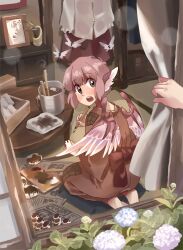  animal_ears bird bow brown_bow brown_kimono calligraphy_brush clothes curtain_grab curtains eurasian_tree_sparrow female flower from_behind fujiwara_no_mokou hydrangea japanese_clothes kimono leaf looking_back mitsumoto_jouji mystia_lorelei no_headwear paintbrush painting_(action) pink_hair sculpture short_hair sitting solo_focus sparrow surprised touhou window wings yukata 