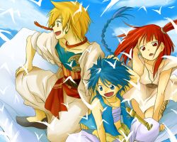  2boys aladdin_(magi) ali_baba_saluja blonde_hair blue_eyes blue_hair commentary_request day earrings female flying jewelry long_hair magi_the_labyrinth_of_magic morgiana multiple_boys one_side_up open_mouth raku_(rairaku345) red_eyes red_hair short_hair sky smile yellow_eyes 