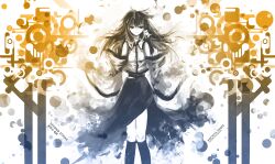  arufa_(hourai-sugar) bad_id bad_pixiv_id detached_sleeves female kneehighs kochiya_sanae long_hair monochrome photoshop_(medium) socks solo touhou 