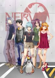  2boys 3girls absurdres arms_behind_back ayanami_rei bag bandages bandaid bare_legs bird black_hair blue_eyes blue_hair boots bracelet brown_eyes brown_hair cargo_pants cargo_shorts casual commentary_request cowboy_boots denim dress evangelion:_2.0_you_can_(not)_advance glasses hair_ornament hairband hand_on_own_hip hands_in_pockets head_tilt headphones headphones_around_neck high_heels highres hood hoodie ikari_shinji jeans jewelry long_hair makinami_mari_illustrious manbou_(manvow) multiple_boys multiple_girls nagisa_kaworu necklace neon_genesis_evangelion nerv open_mouth orange_hair pants penguin penpen pigeon-toed rebuild_of_evangelion red-framed_eyewear red_eyes shoes short_hair shorts skirt smile sneakers souryuu_asuka_langley standing thighhighs toeless_footwear white_legwear 