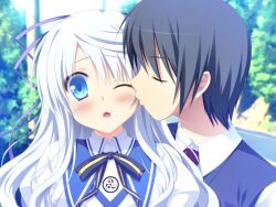  1boy alcot black_hair blue_eyes blush closed_eyes couple duo female game_cg garden kiss_on_the_cheek kissing long_hair oni_gokko oni_gokko! outdoors saionji_otome school_uniform short_hair white_hair wink 