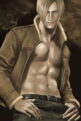  abs alternative_fashion capcom clothed clothing emo jacket leon_(disambiguation) leon_s_kennedy looking_at_viewer low_res male muscular nipples not_furry re4 resident_evil solo topless topwear 