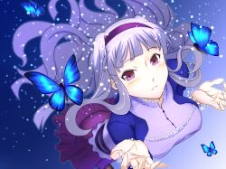  bad_id bad_pixiv_id blurry breasts bug butterfly commentary_request depth_of_field dress emanon123 female grey_hair hairband highres idolmaster idolmaster_(classic) large_breasts long_hair purple_eyes purple_hairband shijou_takane solo 