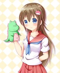  arm_behind_back blue_eyes blush borrowed_character brown_hair checkered_background commentary_request female hair_ornament hand_puppet ok-ray original photoshop_(medium) puppet school_uniform smile solo takamine_kokone 