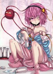  alcohol arm_support bare_shoulders blush bobby_socks camisole commentary_request drunk eyeball female hairband komeiji_satori nail_polish off_shoulder one_eye_closed panzer_(p.z) pink_eyes pink_hair pink_socks sake sitting skirt socks solo spill strap_slip third_eye touhou 