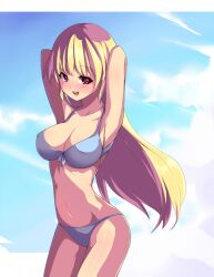  armpits arms_behind_head bikini blonde_hair breasts cleavage cloud commentary_request day female large_breasts long_hair original red_eyes saiste skinny sky smile solo swimsuit 