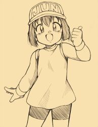  bakusou_kyoudai_let&#039;s_&amp;_go!! baseball_cap bike_shorts commentary_request female hat lolicon monochrome open_mouth photoshop_(medium) sagami_jun sagamimok short_hair sleeveless smile solo thumbs_up wristband 