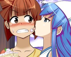  2girls aizawa_eiko bad_id bad_pixiv_id blue_eyes blue_hair blush brown_eyes brown_hair cake food hat ikamusume licking licking_another&#039;s_cheek licking_another&#039;s_face long_hair multiple_girls shinryaku!_ikamusume short_hair tongue yayo_(yakuyoru) yuri 