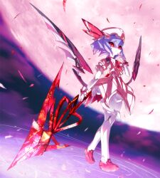  blue_hair commentary_request female full_moon hand_on_own_face hat highres mechanization medarot moon red_eyes red_moon remilia_scarlet robot solo spear_the_gungnir star_(ikaruga) touhou wings 