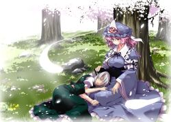  2girls chinese_commentary commentary ghost hairband hat japanese_clothes konpaku_youmu konpaku_youmu_(ghost) lap_pillow multiple_girls photoshop_(medium) pink_hair saigyouji_yuyuko short_hair sitting sleeping touhou tree triangular_headpiece try_(lsc) white_hair 