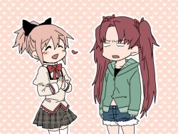  2girls ^_^ alternate_hairstyle bow closed_eyes commentary_request hair_ribbon hairstyle_switch heart jacket kaname_madoka long_hair mahou_shoujo_madoka_magica mahou_shoujo_madoka_magica_(anime) mitakihara_school_uniform multiple_girls own_hands_clasped own_hands_together pink_hair plaid plaid_skirt ponytail red_hair ribbon sakura_kyoko school_uniform short_hair short_ponytail short_shorts shorts skirt smile thighhighs torinone twintails white_legwear 