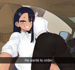  1boy 1girls ass ass_focus black_hair breasts brown_eyes brown_hair car clothed clothing earrings haruelperuano hayase_nagatoro he_wants_to_order hi_res long_hair looking_at_viewer male_focus meme naoto_hachioji_(senpai) please_don&#039;t_bully_me,_nagatoro school_uniform she_wants_to_order short_hair sitting skirt small_breasts smile tan tan_skin tanned 