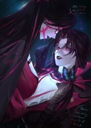  2girls black_hair bug butterfly clementine_(path_to_nowhere) collarbone_piercing eye_contact glasses highres looking_at_another mole mole_under_eye monocle monocle_chain multicolored_hair multiple_girls oc_x_canon path_to_nowhere renepolumorfous streaked_hair yuri 