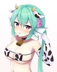  1girls bell bell_collar bikini blush clothed clothing cow_bikini cow_ears cow_horns cow_print cow_print_gloves embarrassed eyebrows_visible_through_hair eyepatch_bikini female female_only finana_ryugu fins fish_girl gloves green_hair head_fins horns light-skinned_female light_skin looking_at_viewer mikoscrub nijisanji nijisanji_en skimpy_clothes solo sweatdrop virtual_youtuber 