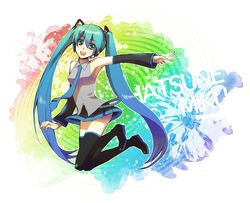  aqua_eyes aqua_hair armpits boots detached_sleeves female hatsune_miku headset long_hair miniskirt necktie open_mouth skirt solo thigh_boots thighhighs twintails very_long_hair vocaloid yuzucky 