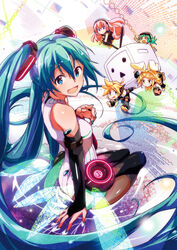  &gt;_&lt; 1boy 4girls absurdres aqua_eyes aqua_hair blonde_hair bridal_gauntlets brother_and_sister chibi closed_eyes commentary_request detached_sleeves goggles goggles_on_head green_eyes green_hair gumi hair_ornament hair_ribbon hairclip hatsune_miku hatsune_miku_(append) headphones headset highres kagamine_len kagamine_rin long_hair looking_back megurine_luka multiple_girls musical_note nail_polish niconico open_mouth photoshop_(medium) pink_hair purple_eyes ribbon siblings sitting terebi-chan twintails very_long_hair vocaloid vocaloid_append yuu-yuu 