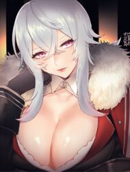  ariesuzu_(ariessz) arm_support artist_name azur_lane black_gloves blush breasts cleavage closed_mouth commentary_request dated female fur_collar fur_trim gloves graf_zeppelin_(azur_lane) hair_between_eyes hand_on_own_cheek hand_on_own_face hand_up head_tilt large_breasts lips long_sleeves looking_at_viewer pink_eyes shiny_skin sidelocks solo upper_body 